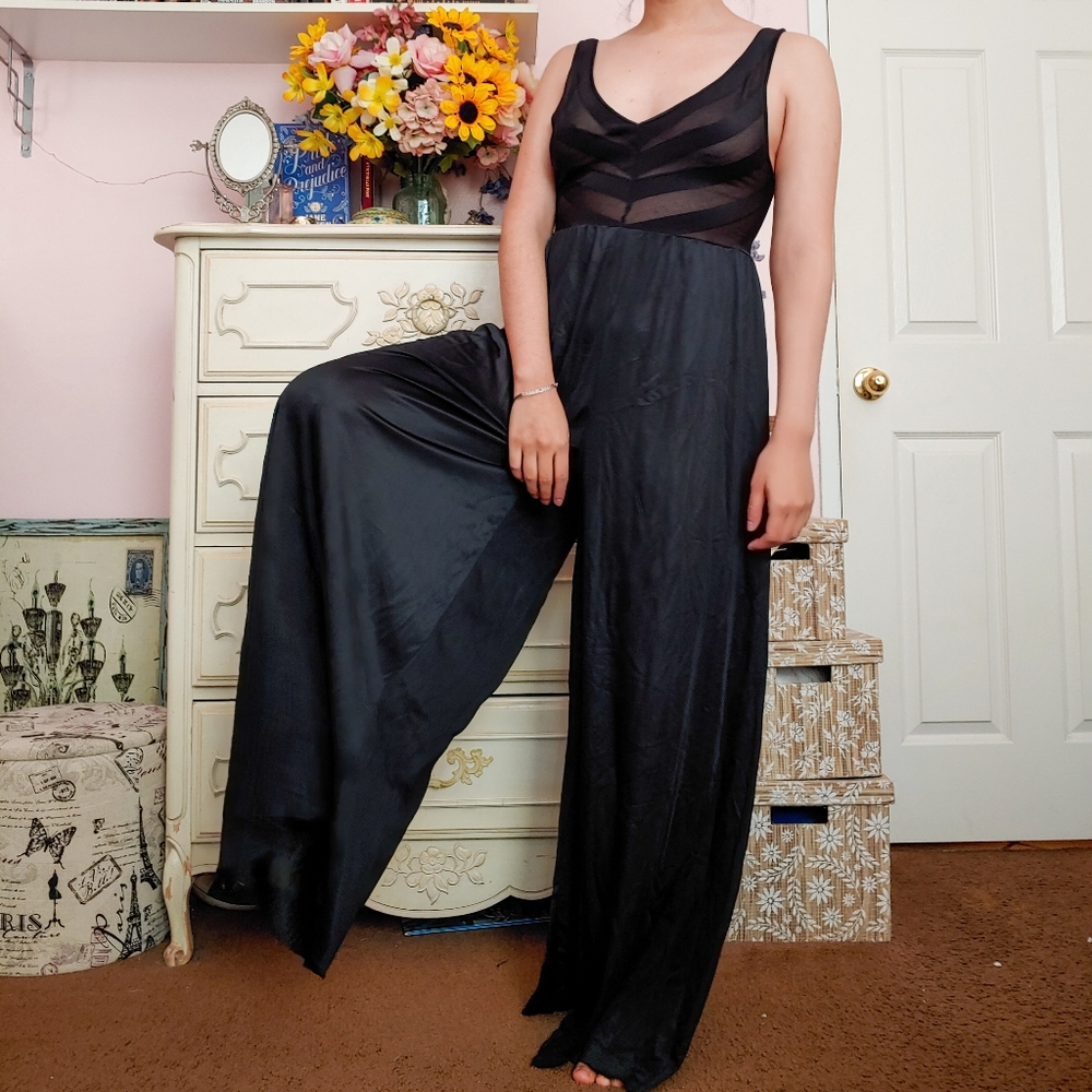 Vintage 80s Olga Black Sleep Jumpsuit w/ Wide Legs